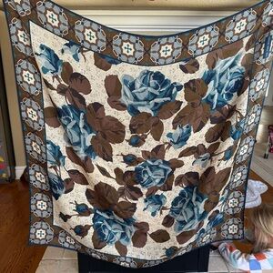 Blue and Brown Rose Western Print Silk Scarf